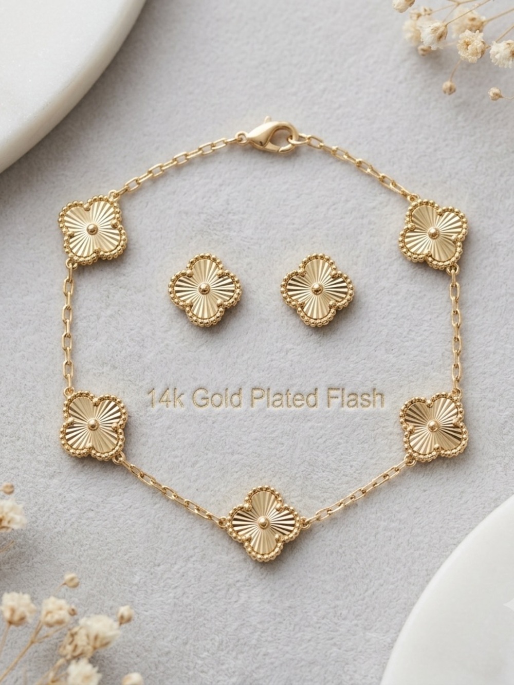 14K Gold Plated Floral Clover Bracelet and Stud Earrings Set